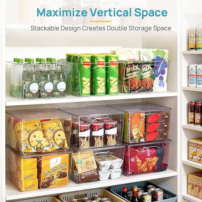 Vtopmart 8 Pack Extra Large Clear Stackable Storage Bins with Lids, 11inch Organizer Bins with Handle for Onions and Potatoes, Plastic Containers for Pantry, Freezer, Kitchen, Closet Organization