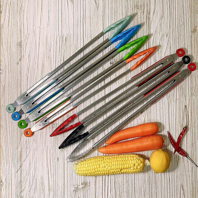 18 inch Extra Long Grill Tongs (1 orange + 1 emerald green), with Silicone Tip Head, Stainless Steel Barbecue Tongs with Long Handle, Large Sized Food Tong, Extended Serving Tong