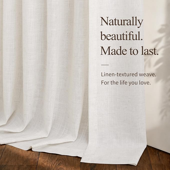 Hokibero Extra Wide 60 Inch Natural Linen Curtains 102 Inches Long 1 Panel | Light Filtering Sheer Curtain, Back Tab Pocket Pleated Look, Window Drapes for Living Room Patio Sliding Door, Boho Farmhouse
