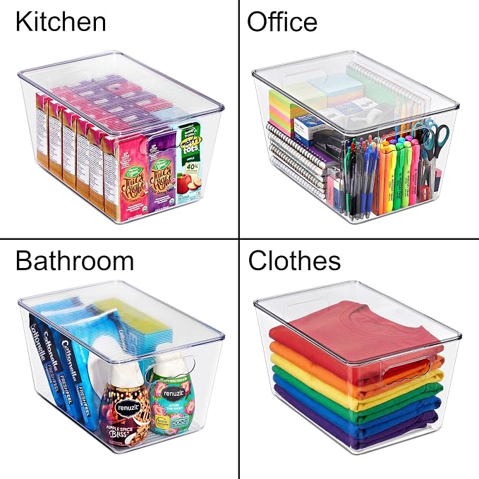 Clear Storage Bins with Lids, 10 Pack Large Stackable Clear Bins, Clear Storage Containers with Lids, Plastic Organizer Boxes for Pantry Storage, Kitchen Cabinets, Closet Organization, Bathroom