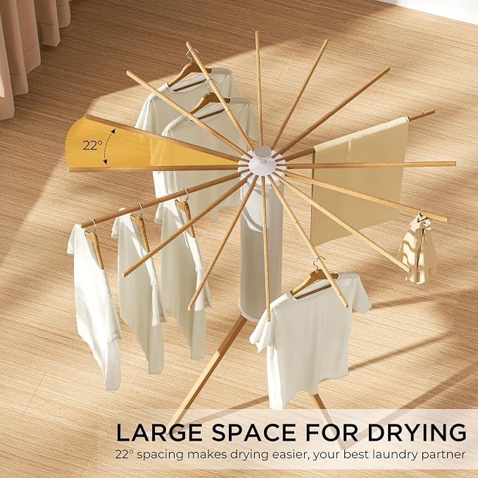 SUNOUTLY Tripod Clothes Drying Rack, Garment Rack Portable and Foldable Space Saving Laundry Drying Rack - Dryer Rack Clothing Floor Folding Balcony Bedroom Household (Beige(Wood), 16 rods)