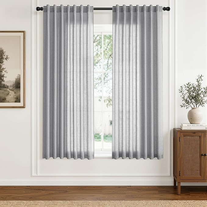 Hokibero Grey Linen Curtains 63 Inches Long Drape for Living Room 2 Panels | Light Filtering Semi Sheer Curtain, Back Tab Rod Pocket Pleated Look, Gray Privacy Drapes for Bedroom Window, Boho Farmhouse