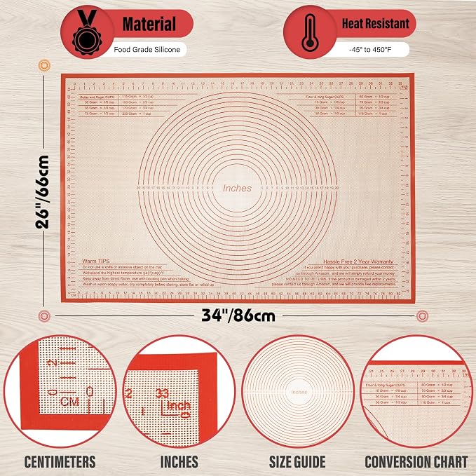 Silicone Pastry Mat 34x26 Inch Nonstick Baking Mat -Perfect for Dough, Pastry, Bread, Dough Rolling, Kneading Board, Pie Crust, Fondant, Pasta/Pizza, Kitchen Counter Mat