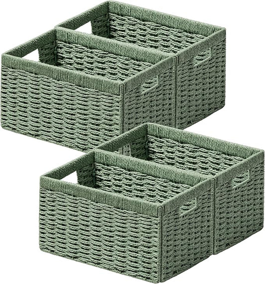 UBBCARE 4 Pack Wicker Basket, 13.4L×8.3H×7.1W inch Woven Paper Rope Storage Baskets for shelves, Foldable Rectangular Storage Baskets with Handle, Storage Basket for Organizing, Green