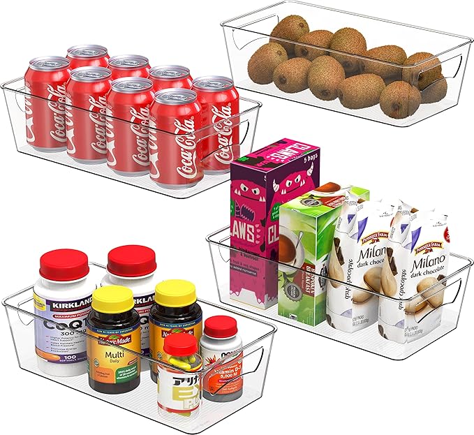 Simple Houseware Clear Storage Bins Organizer for Freezer / Fridge / Pantry, 12'' x 6.2'' x 3.4'', 4 Packs