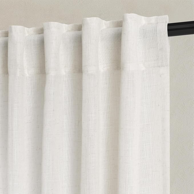 Hokibero Natural Linen Curtains 108 Inches Long for Living Room 2 Panels | Light Filtering Semi Sheer Curtain, Back Tab Rod Pocket Pleated Look, Ivory Privacy Drapes for Bedroom Window, Boho Farmhouse