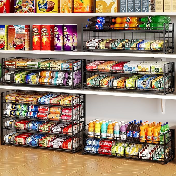 2-Tier Stackable Can Rack Organizer for Pantry Shelf, Extra-Long Can Holder for Kitchen Organization,Heavy Duty Can Dispenser for Canned Food Soup Goods up to 64 in Cabinet Storage, Black