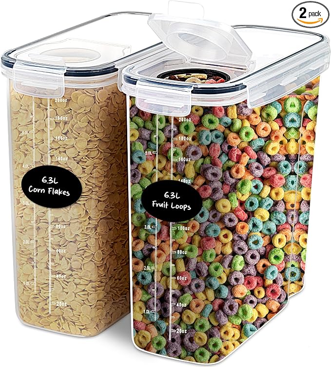 DWËLLZA KITCHEN EXTRA LARGE Cereal Containers Storage (6.3L / 213OZ) Set of 2 Family Size Bulk Cereal Dispenser Countertop, Airtight Food Storage Containers for Pantry Organization, Labels & Marker