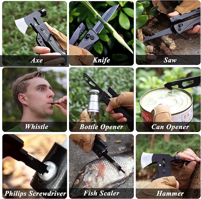 19-in-1 Multi-Tool Axe with Knife, Hammer, Saw, Screwdrivers, Bottle Opener, Nylon Sheath, Camping Tool Survival Gear, Gifts for Men, Dad Gifts, Husband Christmas Stocking Stuffers