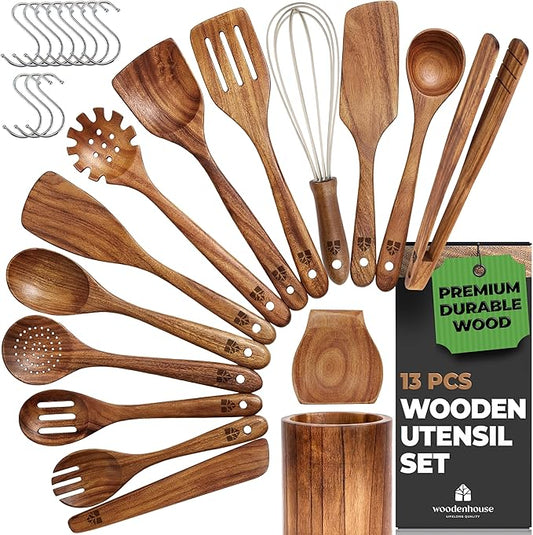 Wooden Spoons for Cooking 13 Pcs – Sturdy & Easy to Clean, Natural Teak Wooden Utensil Set – Non-Scratch Wood Kitchen Utensils Set with Spatula, Ladle, Spoons, Tongs, Whisk, Holder, Spoon Rest & Hooks