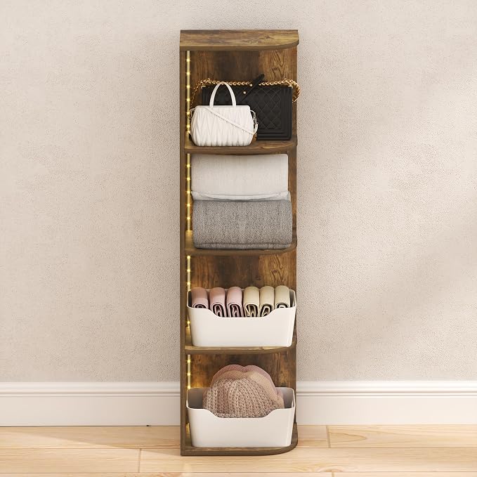 Furinno PASIR Corner Closet Organizer with LED Lights, 4-Tier, Amber Pine | 9.3 x 12 x 41.4, LED Closet Organizers and Storage, Open Shelves Closet Storage for Wardrobe, Bedroom, Entryway