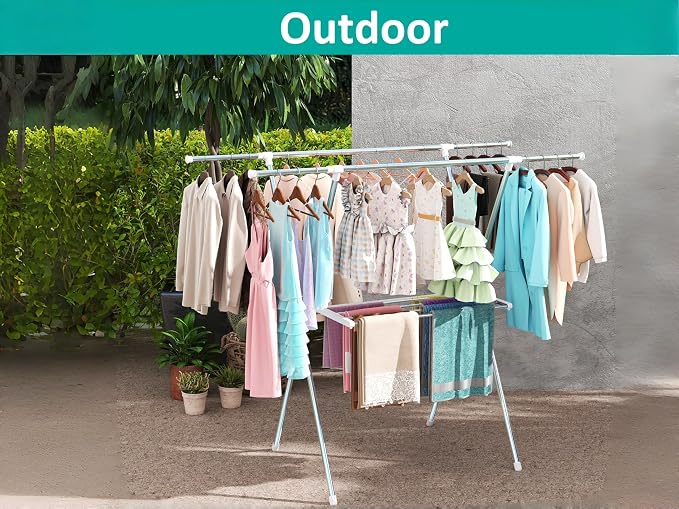 Foldable Clothes Drying Rack 63 Inch Stainless Steel, Heavy Duty Space Saving Laundry Rack Indoor Outdoor, Double Rod Design for Balcony, Laundry Room, Home