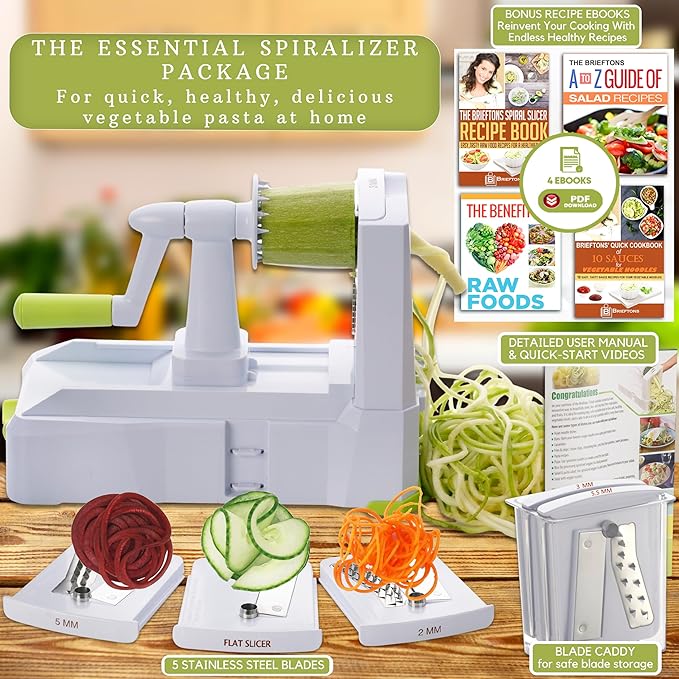 Brieftons 5-Blade Vegetable Spiralizer & Veggie Noodle Maker: Japanese 420-Grade Steel Blades for Zucchini Pasta, Sweet Potato & Beet Noodles, Strong Suction Pad, 4 Recipe eBooks | Keto Vegan Paleo