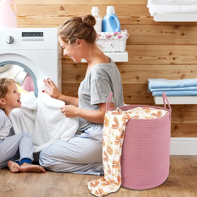XUANGUO Cotton Rope Laundry Basket Hamper for Clothes, grape purple | Woven Storage Basket for Living Room Bedroom Boho Tall Rope Baskets for Blanket Toys Pillow Towels Baby Nursery Hamper Bin