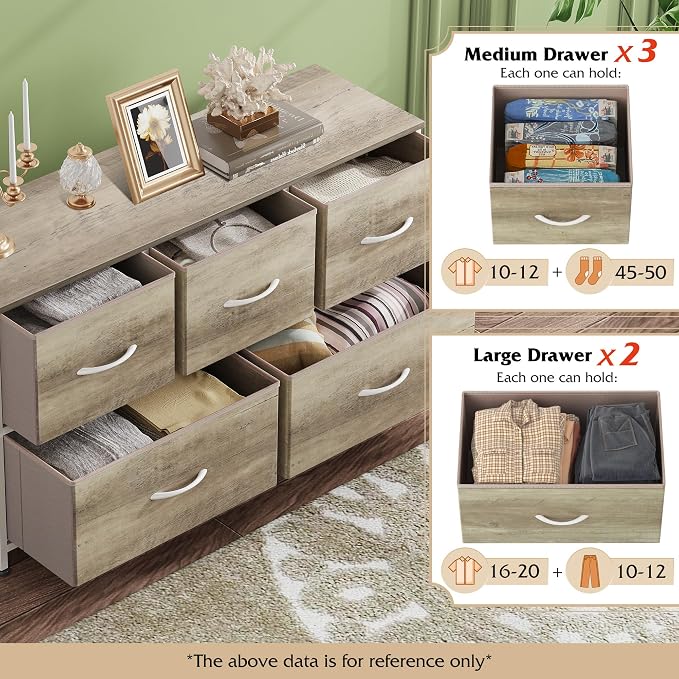 WLIVE Dresser for Bedroom with 5 Drawers, Wide Chest of Drawers, Fabric Dresser, Storage Organizer Unit with Fabric Bins for Closet, Living Room, Hallway, Greige Oak