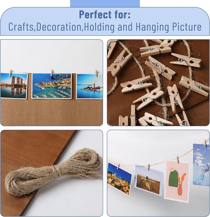 Mr. Pen- Mini Wooden Clothes Pins for Photo, 1 Inch, 200 Pack, Small Clothespins with Jute Twine for Scrapbooking, Labeling Plants, Gift Tags, Tiny Crafts, Photo Display, Decoration