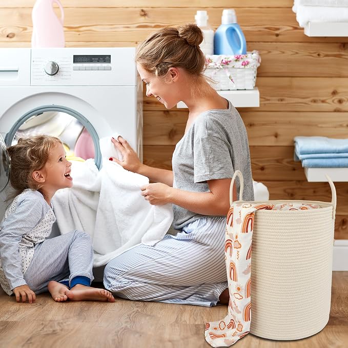 XUANGUO Cotton Rope Laundry Basket Hamper for Clothes, beige | Woven Storage Basket for Living Room Bedroom Boho Tall Rope Baskets for Blanket Toys Pillow Towels Baby Nursery Hamper Bin