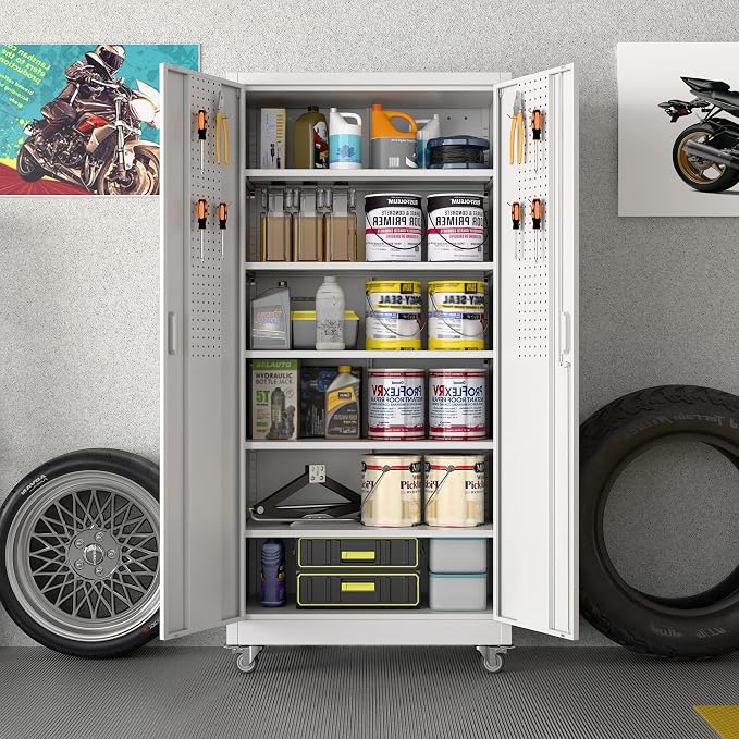 Aobabo Upgraded Garage Storage Cabinets with Wheels,Metal Storage Cabinets with 5 Adjustable Shelves for Garage Home Office Storage,White,71''H*34''W*18''D,Assembly Required