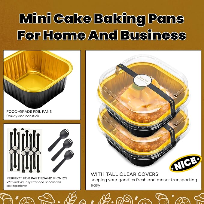 NPLUX 50 Pcs Mini Square Baking Cups with Lids and Spoons Aluminum Foil Mini Cake Pans with Lids Disposable Ramekins Cake Pans Dessert Cups for Wedding, Graduation Gifts Party Favors(Black Gold,10oz)