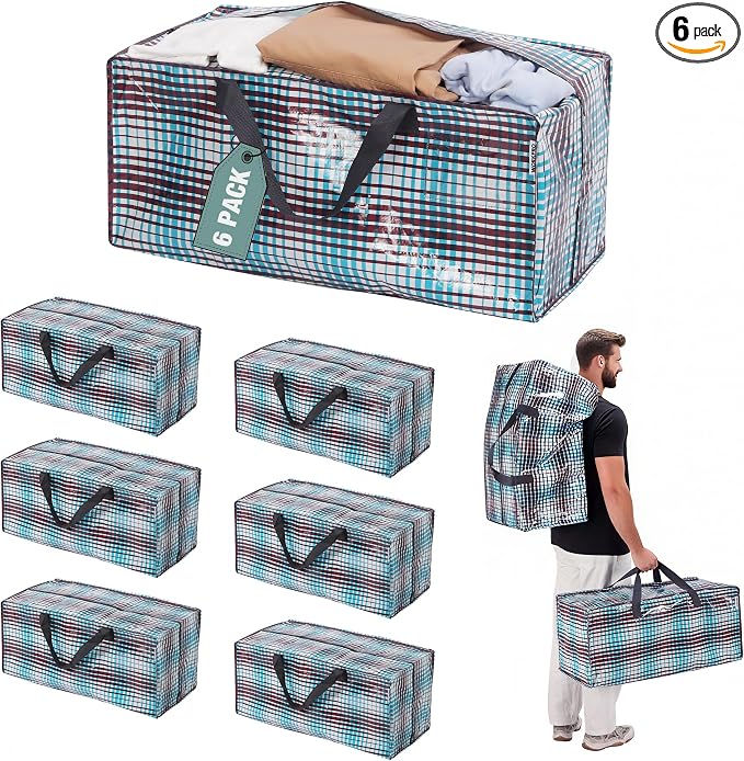 WORKPRO 6 Pack Extra Large Moving Bags with Backpack Straps & Handles | Heavy Duty Moving Storage Bags, Lattice Print, Double Zippers for Moving, Dorm, Closet Storage & Travel