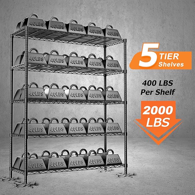 ROOMTEC 5-Tier Wire Shelving Unit,45" W*20" D*72" H,Max Load 2000LBS | Heavy Duty Garage Shelving, Adjustable Storage Shelves, Metal Shelf Rack for Kitchen, Laundry, Pantry, Warehouse, Basement
