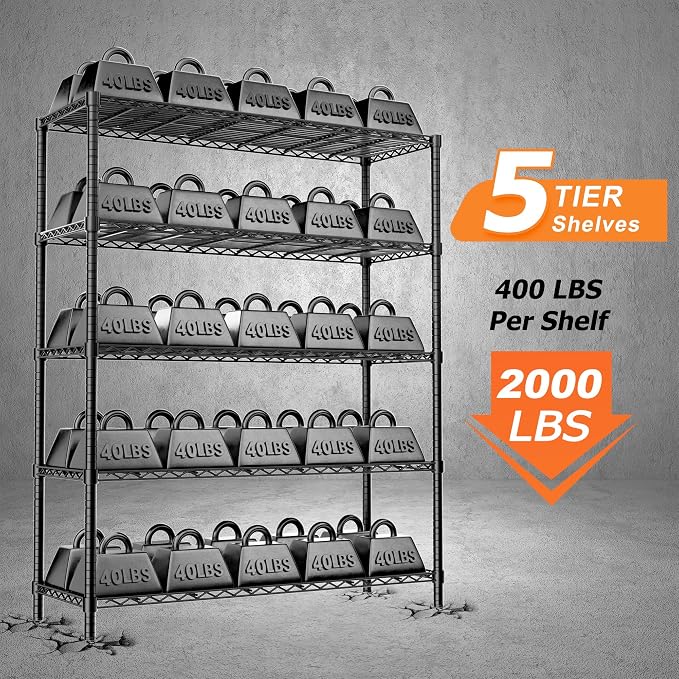 ROOMTEC 5-Tier Wire Shelving Unit, 48" W*20" D*72" H, Max Load 2000LBS | Heavy Duty Garage Shelving,Adjustable Storage Shelves,Metal Utility Shelf Rack for Kitchen,Laundry,Pantry,Warehouse,Basement