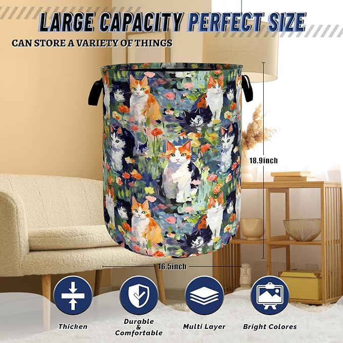 Watercolor Cats Laundry Hamper Oxford Cloth Basket 18.9"x16.5" | Foldable Cute Animal Cat Laundry Basket With Handle Portable Clothes Storage Organizer Bag For Laundry Room/Bathroom/Bedroom
