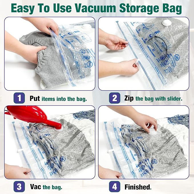 Vacuum Storage Bags, 10 Medium Space Saver Vacuum Seal Bags, Space Bags, Vacuum Sealer Bags for Clothes with Travel Hand Pump (10M) | Home and Travel, Airtight Triple Seal, Save 80% Space, Hand Pump, Work with Vacuum, Double Zip, Reusable, Easy to Use