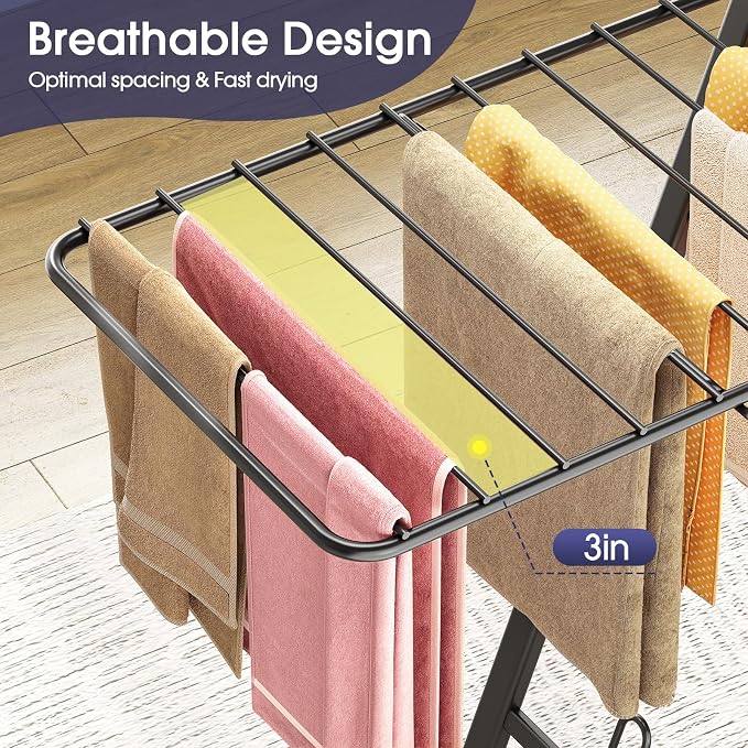 APEXCHASER Clothes Drying Rack, 67.7" L Height Adjustable, Foldable, Black | 1.5"Folded, No Assembly, Space-Saving, Spacious Design, Adjustable Wings, Clips, Mesh Shelf, Shoe Rack, Indoor & Outdoor Use