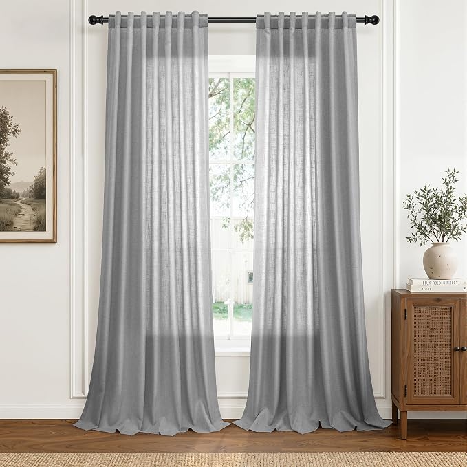 Hokibero Grey Linen Curtains 108 Inches Long Drape for Living Room 2 Panels | Light Filtering Semi Sheer Curtain, Back Tab Rod Pocket Pleated Look, Gray Privacy Drapes for Bedroom Window, Boho Farmhouse