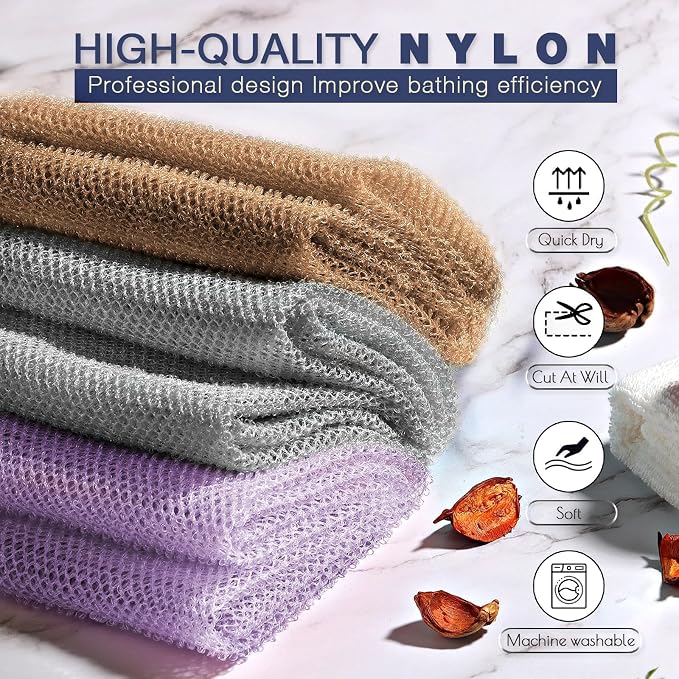 UJFQBH 3 Pieces African exfoliating net African Net Long Net Bath Sponge Exfoliating Shower Body Scrubber Back Scrubber Skin Smoother,Great for Daily Use (Purple、Gray、Brown)
