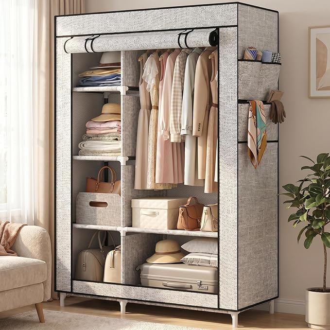 Calmootey Portable Closet Organizers, Clothing Storage, Wardrobe with 6 Shelves and Hanging Rod, Non-Woven Fabric Cover with 4 Side Pockets, Ash Grey