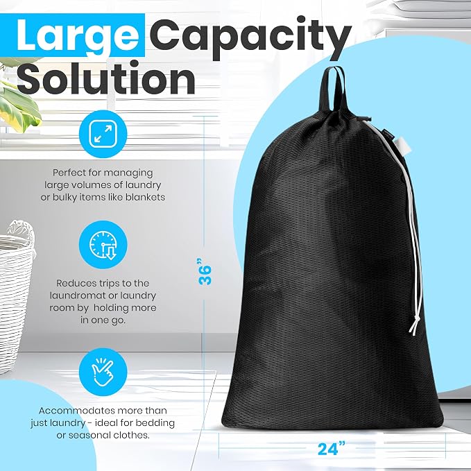 Handy Laundry Mesh XL Laundry Bag 24"x36" with Shoulder Strap, Black | XL 24x36 Mesh Laundry Bag, Handles & Shoulder Strap, Breathable, Machine Washable, Dorm Travel Bedding, Black