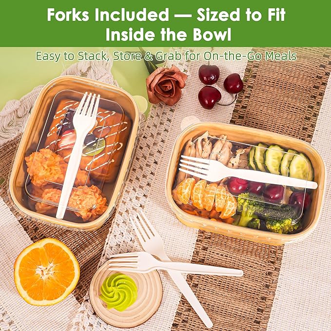 50-Pack 30oz Disposable Meal Prep Containers with Lids and Forks, Compostable Kraft Paper Bowls To Go, Microwave & Freezer Safe Food Containers for Hot Soup, Cold Dessert, Lunch, Takeout