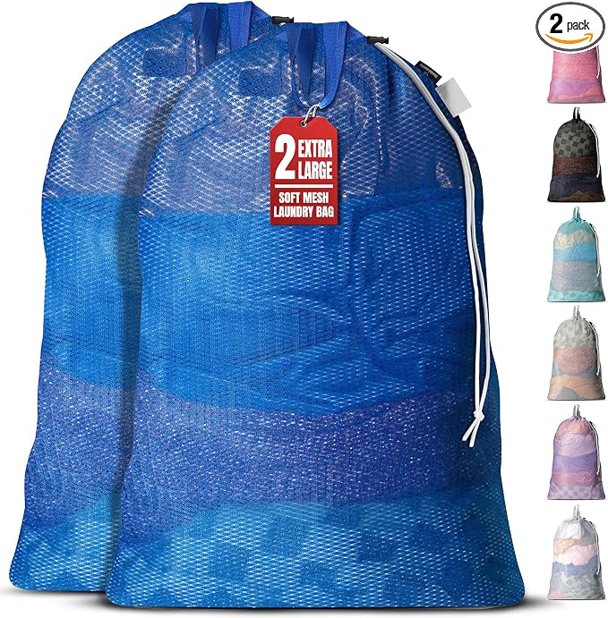 Handy Laundry Mesh XL Laundry Bag 24"x36" 2-Pack with Shoulder Strap, Blue | 2-Pack, XL 24x36 Mesh Laundry Bag, Handles & Shoulder Strap, Breathable, Machine Washable, Dorm Travel Bedding, Blue