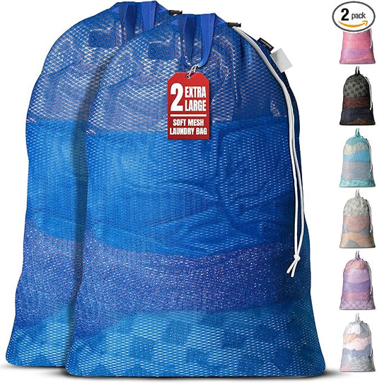Handy Laundry Mesh XL Laundry Bag 24"x36" 2-Pack with Shoulder Strap, Blue | 2-Pack, XL 24x36 Mesh Laundry Bag, Handles & Shoulder Strap, Breathable, Machine Washable, Dorm Travel Bedding, Blue