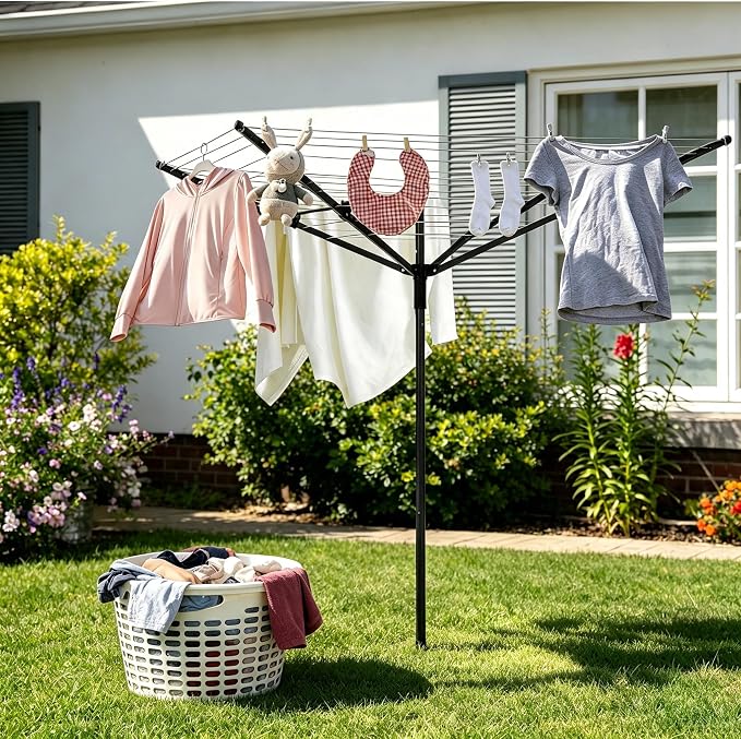 Nisorpa Outdoor Umbrella Drying Rack,12 Lines with 165 Feet Umbrella Clothesline Outdoor Dryer Clothes Line, 4 Arm Steel Frame Adjustable Height Retracting Collapsible Clothes Drying Rack for Backyard