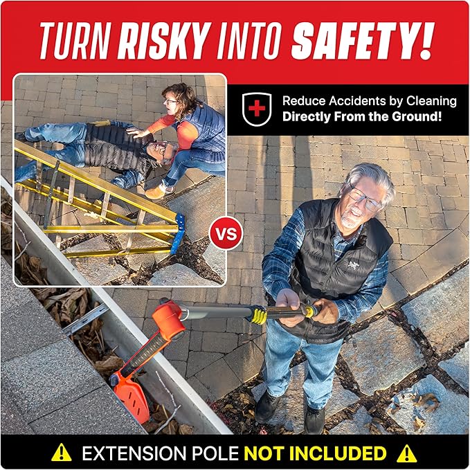 Multi-Angle Gutter Cleaning Tools from the Ground - Gutter Cleaner tool attachment for Threaded Poles - Gutter Scoop & Brush for rain gutter cleaning and leaf removal from Gutter Guard