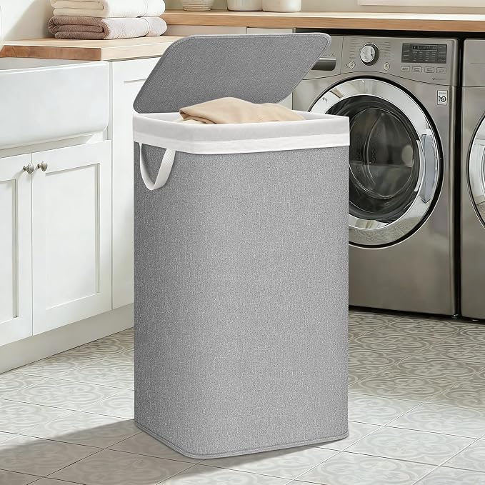 STORAGE MANIAC Metal Frame Laundry Hamper with Lid, 23.7 Gal Tall Laundry Baskets with Removeable Bag, Large Clothes Hamper with PU Tag, Laundry Bin for Dorm, Collage, Bathroom, Bedroom, Gray