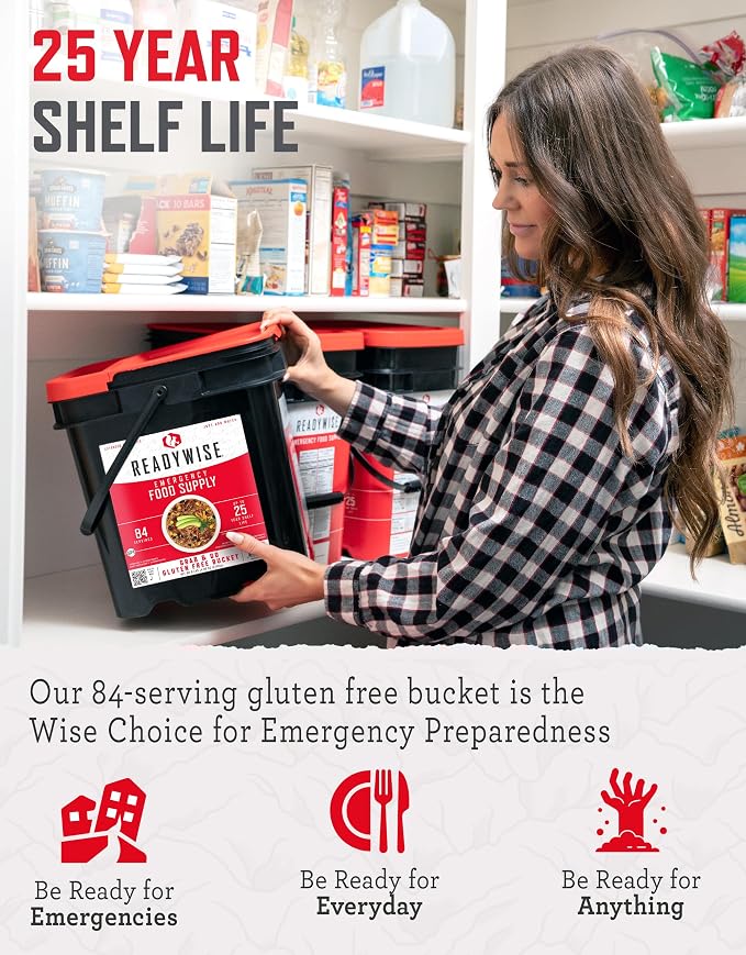 ReadyWise Emergency Food Supply - 84 Servings Gluten Free Survival Food Bucket, Dehydrated Meals & Freeze Dried Food for Backpacking, Camping Essentials & Emergency Supplies, up to 25 Year Shelf Life
