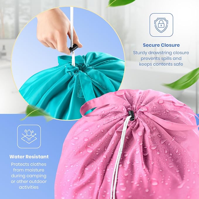 Extra Large Travel Laundry Bag - 2-Pack Fun Print Design Bags for Dirty Clothes - Durable Water-Resistant Fabric - Sturdy Drawstring Closure (Pink-Teal | Laundry)