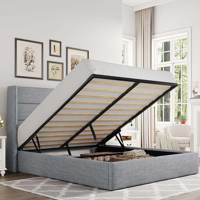 Allewie Full Size Lift Up Hydraulic Storage Bed Frame Light Grey | Modern Wingback Headboard, Hydraulic Support Storage, No Box Spring Needed