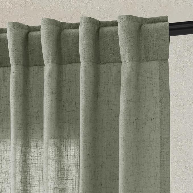 Hokibero Sage Green Linen Curtains 84 Inches Long Drapes for Living Room | Light Filtering Sheer Curtain 2 Panels, Back Tab Pocket Pleated Look, Green Privacy Drape for Bedroom Window, Boho Farmhouse