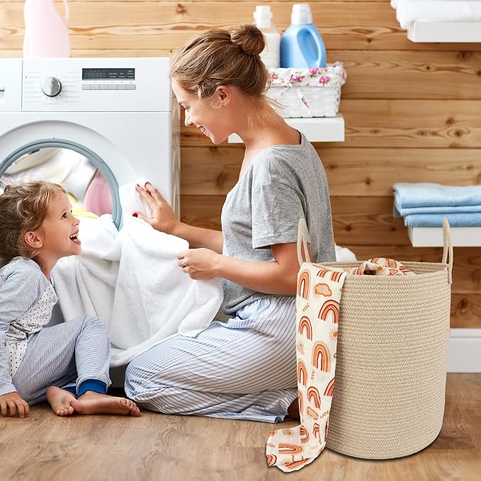 XUANGUO Cotton Rope Laundry Basket Hamper for Clothes, oatmeal | Woven Storage Basket for Living Room Bedroom Boho Tall Rope Baskets for Blanket Toys Pillow Towels Baby Nursery Hamper Bin