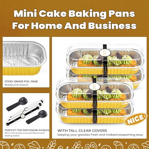 NPLUX 50 Pack Mini Cake Pans with Lids and Spoons Gold Rectangular Aluminum Foil Baking Pans Mini Cheesecake Containers, Graduation Gifts Party Favors(6.8oz)