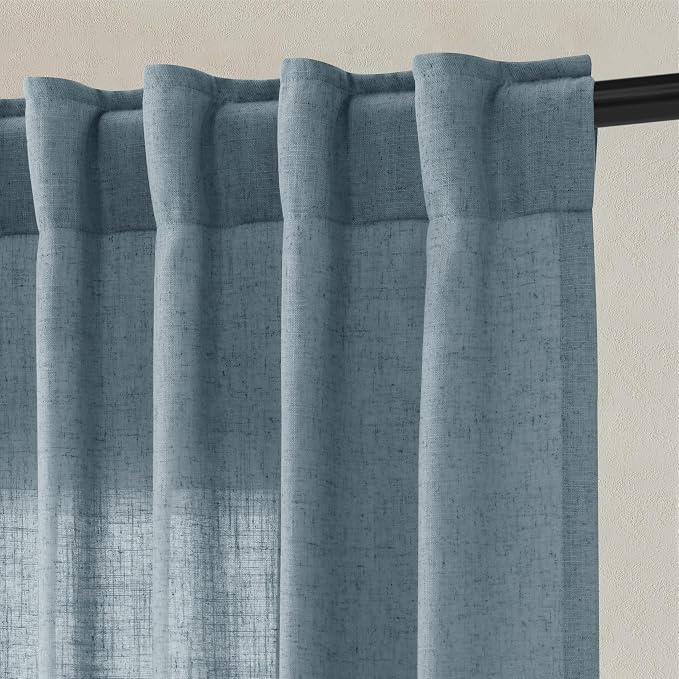 Hokibero Blue Linen Curtains 84 Inches Long Drape for Living Room 2 Panels | Light Filtering Sheer Curtain, Back Tab Rod Pocket Pleated Look, Dusty Blue Privacy Drapes for Bedroom Window, Boho Farmhouse