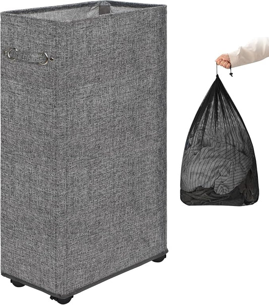 DOKEHOM 29" Enlarged Slim Rolling Laundry Basket Hamper on Wheels, Grey | Collapsible tall laundry hamper with removable mesh wash bag. Foldable narrow corner clothes storage bin for small spaces