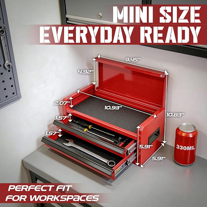Mini Toolbox with 2 Drawers and Top Storage, Durable Steel Construction with Ball-Bearing Slides, Multi-Purpose Portable Tool Boxes Case Organizer for Garage, Red