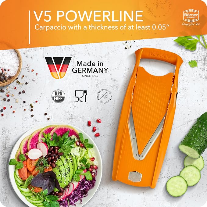 Mandoline Food Slicer Börner V5 (Basic Set) by Reston Lloyd • V-Slicer with Food Holder • Made in Germany • Fruit & Vegetable Chopper • Multiple Settings • Color: Orange