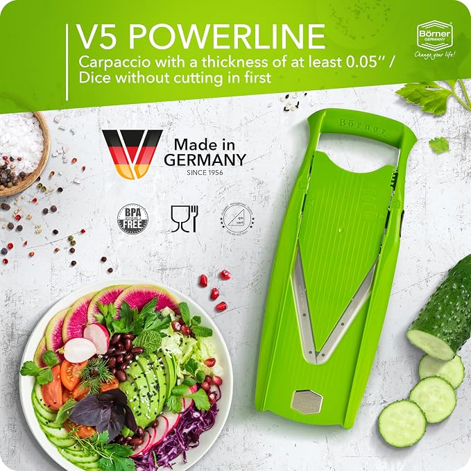 Mandoline Food Slicer Börner V5 (Profi Set) by Reston Lloyd • V-Slicer with 4 Inserts, Docking Station & Food Holder • Made in Germany • Fruit & Vegetable Chopper • Multiple Settings • Color: Lime